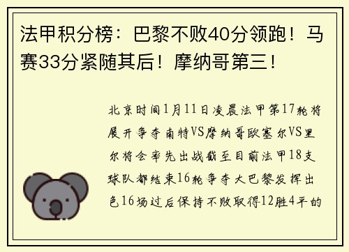 法甲积分榜:巴黎不败40分领跑!马赛33分紧随其后!摩纳哥第三!