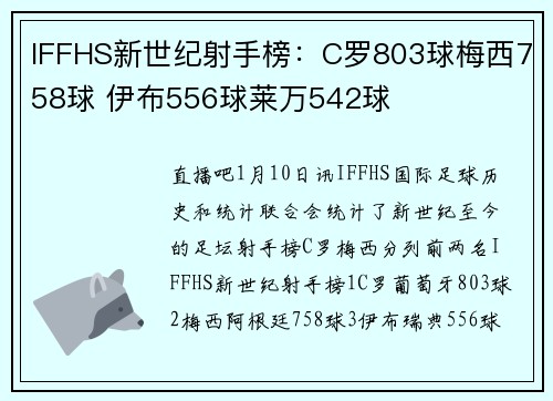 IFFHS新世纪射手榜：C罗803球梅西758球 伊布556球莱万542球