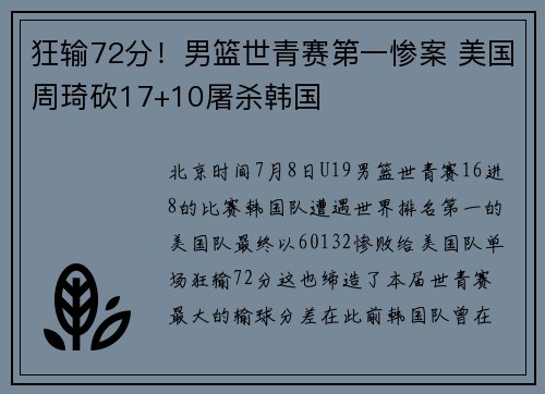 狂输72分!男篮世青赛第一惨案 美国周琦砍17+10屠杀韩国